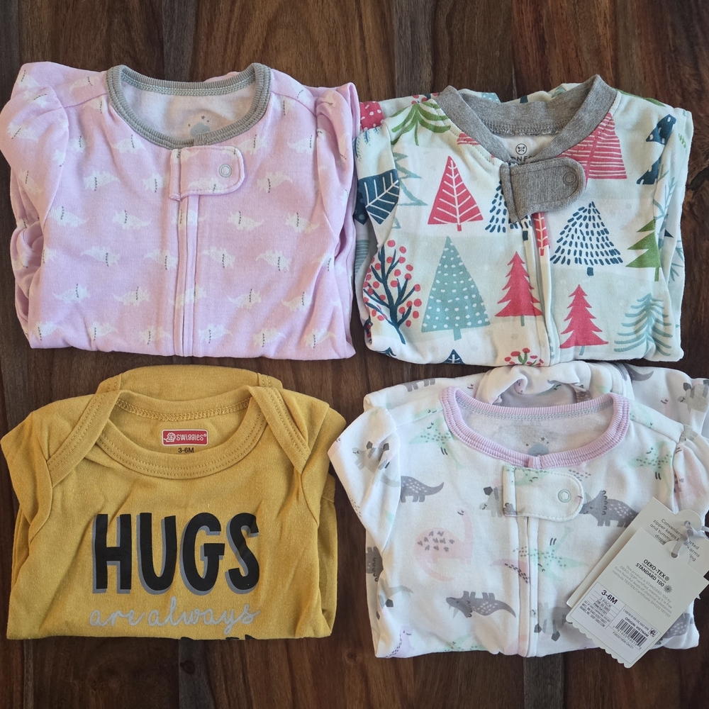 Baby Onesies Set Of 4, 3 -6 Months, 3 Pajamas - 1 Long Sleeve Shirt NWT NWOT